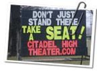 American spelling on the sign promoting Citadel High Theatre's legacy campaign.