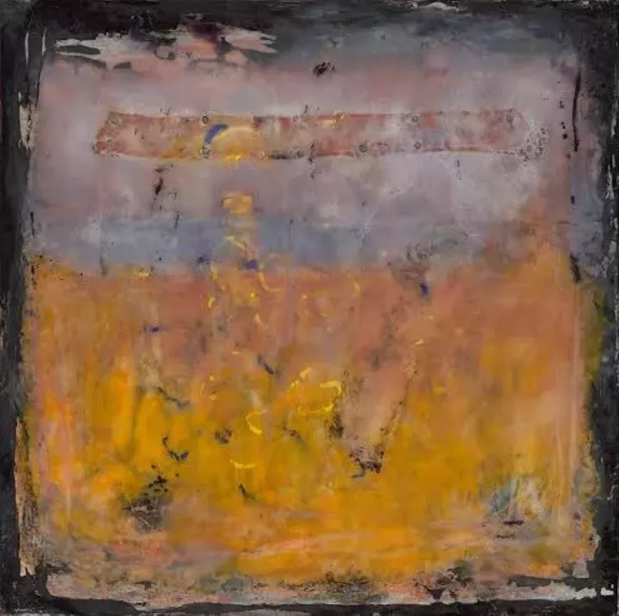 &ldquo;earthscape # 5: stamp and letter&rdquo;, encaustic,  24&rdquo;h x 30&rdquo;w