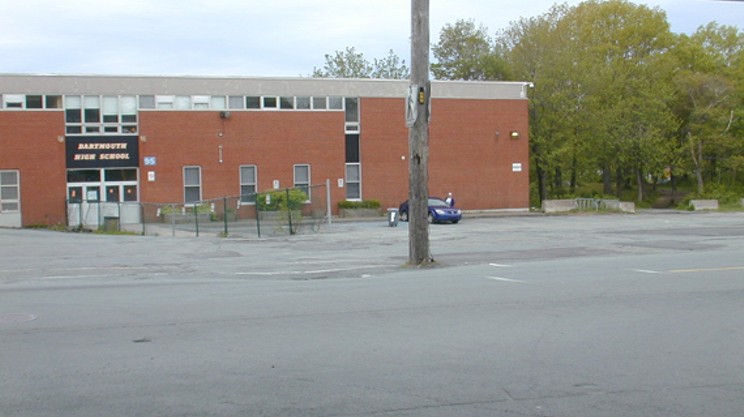 Non-existent crosswalk lines around Dartmouth High School.