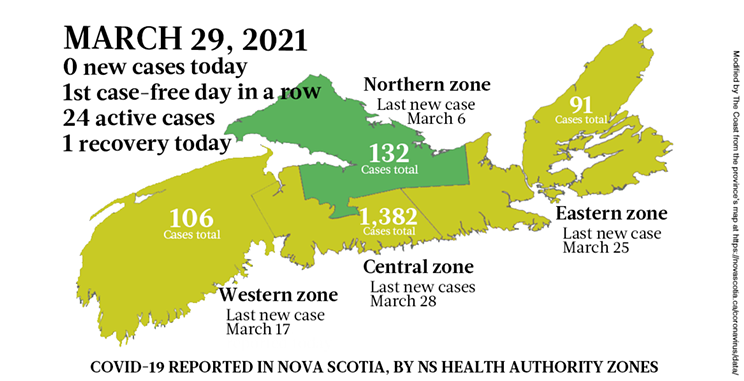 Map of COVID-19 cases reported in Nova Scotia as of March 29, 2021. Legend here. THE COAST