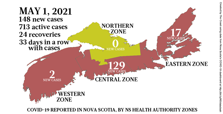 Map of COVID-19 cases reported in Nova Scotia as of May 1, 2021. Legend here. THE COAST