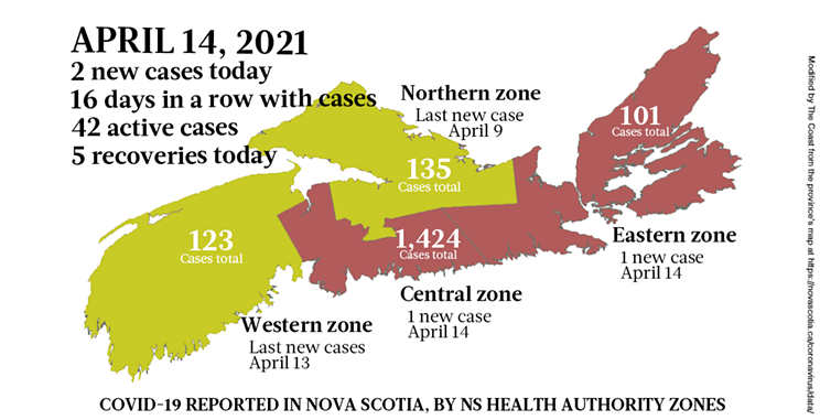 Map of COVID-19 cases reported in Nova Scotia as of April 14, 2021. Legend here. THE COAST