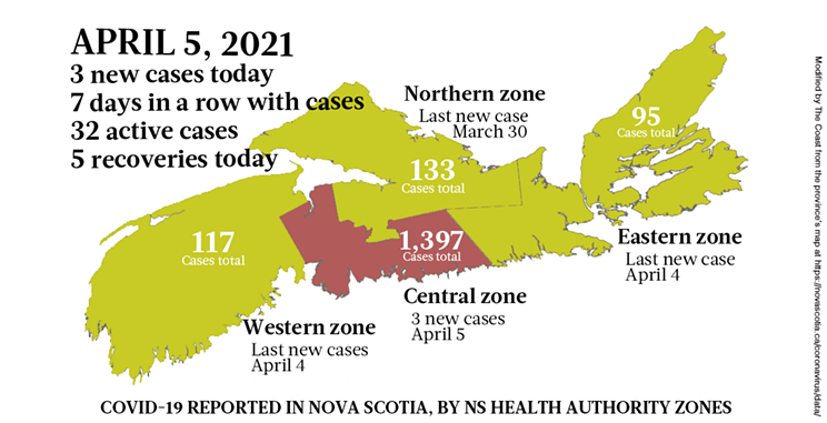 Map of COVID-19 cases reported in Nova Scotia as of April 5, 2021. Legend here. THE COAST