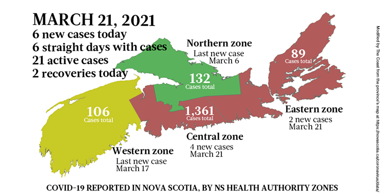 Map of COVID-19 cases reported in Nova Scotia as of March 21, 2021. Legend here. THE COAST
