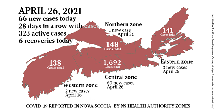 Map of COVID-19 cases reported in Nova Scotia as of April 26, 2021. Legend here. THE COAST