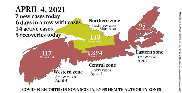 Map of COVID-19 cases reported in Nova Scotia as of April 4, 2021. Legend here. THE COAST