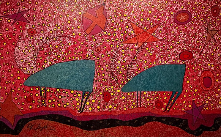 Two Caribou with Stars All Around acrylic on canvas painting by Alan Syliboy on display in his 50 year retrospective show, The Journey So Far, on now at the Dalhousie Art Gallery. “The stars were our calendar. The changing positions of the star patterns in the heavens reflect the patterns of the seasons on earth.”