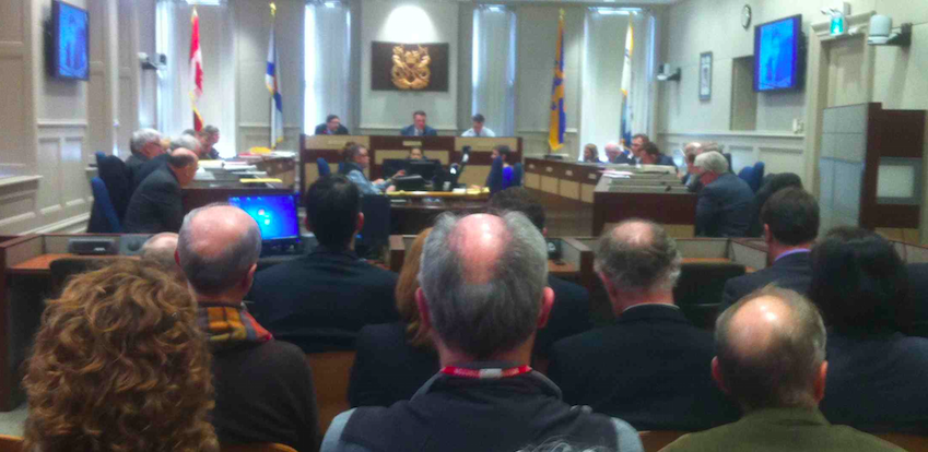 Assembled onlookers watch HRM council yesterday inside City Hall.