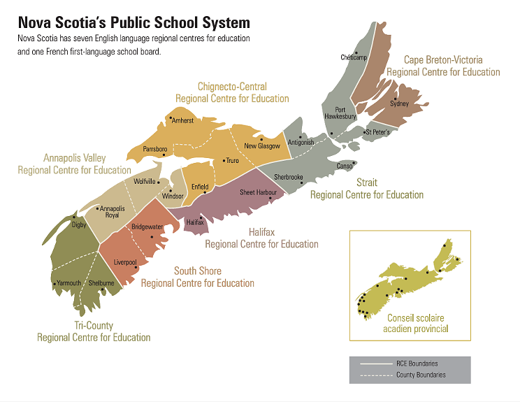 A map of Nova Scotia's seven English regional centres for education, plus the location of elected French school board members with the Conseil scolaire acadien provincial (CSAP).