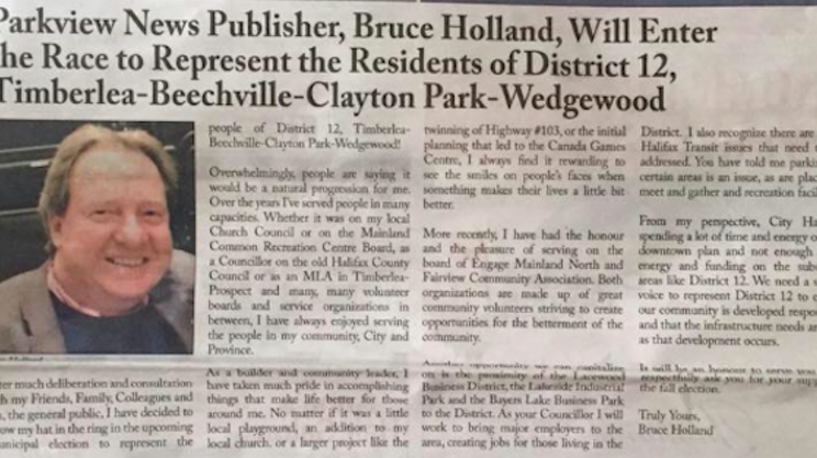 Bruce Holland uses his community newspaper to announce campaign for city council
