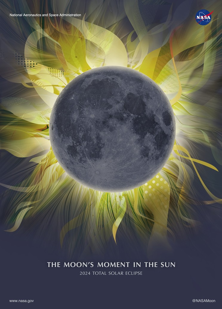 Artist’s representation of a total solar eclipse, with a new moon in the foreground and the Sun’s corona visible in the background.