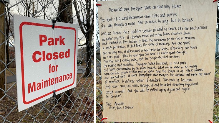 In fenced-off Meagher Park, one renegade poem keeps surviving its removal
