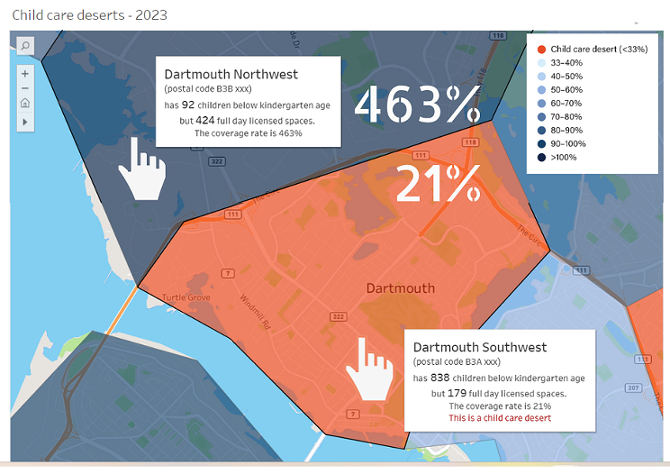 An interactive map created by CCPA senior economist David MacDonald showing inconsistent child care coverage across Canada. Coverage is based on 2021 census data to determine how many children aged 0-4 per spot in a child care centre exist in each postal code. Here, two neighbouring postal codes differ greatly in their coverage.