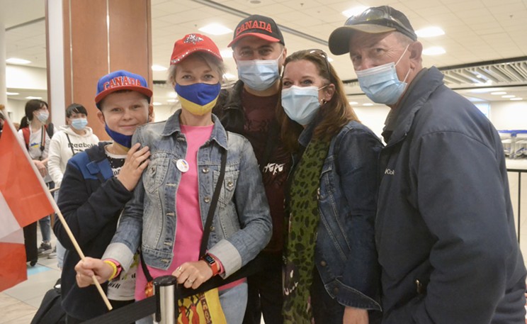 From right to left, Tom and Michelle Hunter met their Ukrainian guests Volodymyr, Tetiana and Daniil at the Halifax Stanfield International Airport Thursday evening.