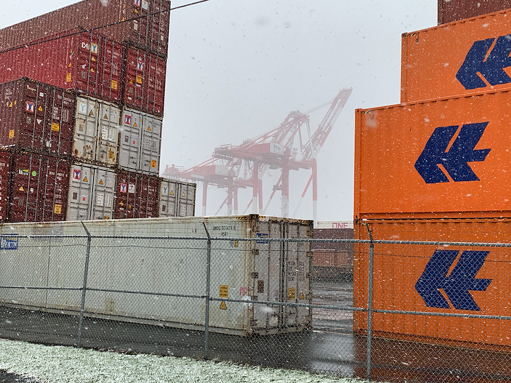 Wintry weather, like the conditions seen at the South End Container Terminal in November 2023, returned to Halifax the week of Jan. 8, 2024. And it's partly responsible for shipping delays.