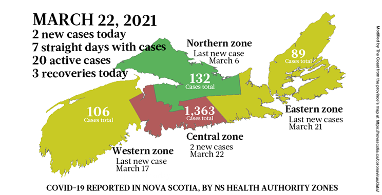 Map of COVID-19 cases reported in Nova Scotia as of March 22, 2021. Legend here. THE COAST