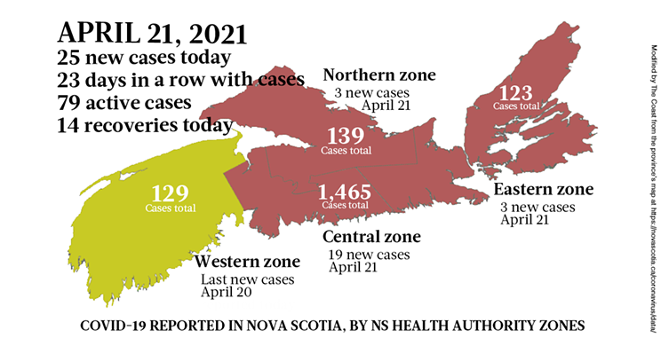 Map of COVID-19 cases reported in Nova Scotia as of April 21, 2021. Legend here. THE COAST