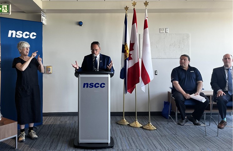 Minister of advanced education, Brian Wong, speaking at the opening of a new student housing building at NSCC's Akerley Campus on Monday, July 22.