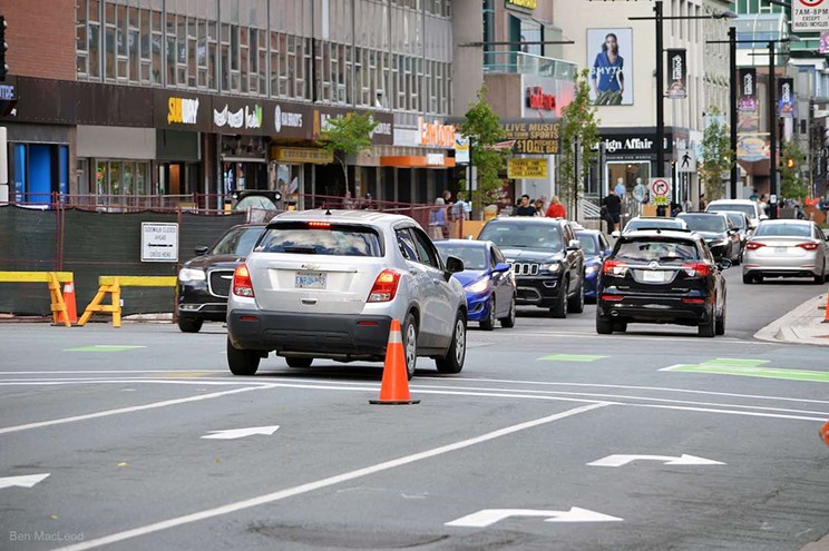 Cars clutter the street during the Spring Garden Road pedestrian- and transit-only pilot project.