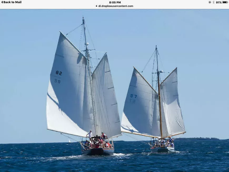 Schooners racing neck and neck, flying wing on wing.