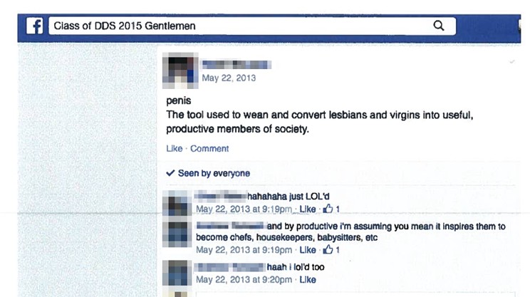 Screen shot of a Facebook page where a group of men talk about the penis being a tool used to make virgins and lesbians productive members of society.