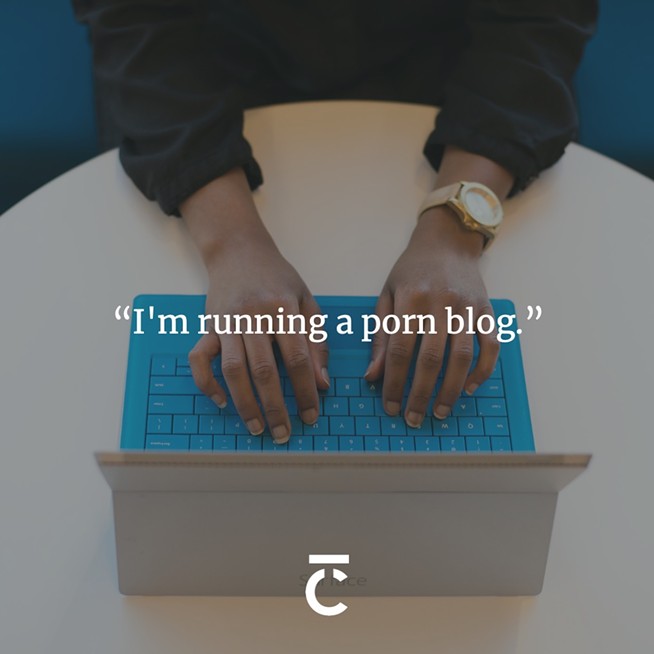 “I'm running a porn blog.” Anonymous pair of hands typing on a laptop computer with the screen turned away from the camera. This person could be doing anything on their computer, but in this context they are running a porn blog. The Coast's 2023 Sex + Dating Survey.