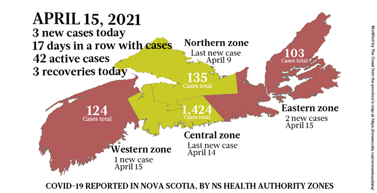 Map of COVID-19 cases reported in Nova Scotia as of April 15, 2021. Legend here. THE COAST