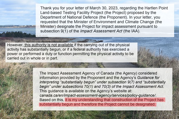Excerpts of a letter from Terence Hubbard, president of the Impact Assessment Agency of Canada, to Protect Hartlen Point members about the reasons why the IAAC is rejecting a request to designate the DND's Hartlen Point project for further environmental review.