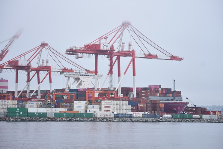 The ONE Swan container ship, docked at Halifax's South End Container Terminal. By 2050, the International Maritime Organization aims to reach net-zero greenhouse gas emissions within the global shipping industry.